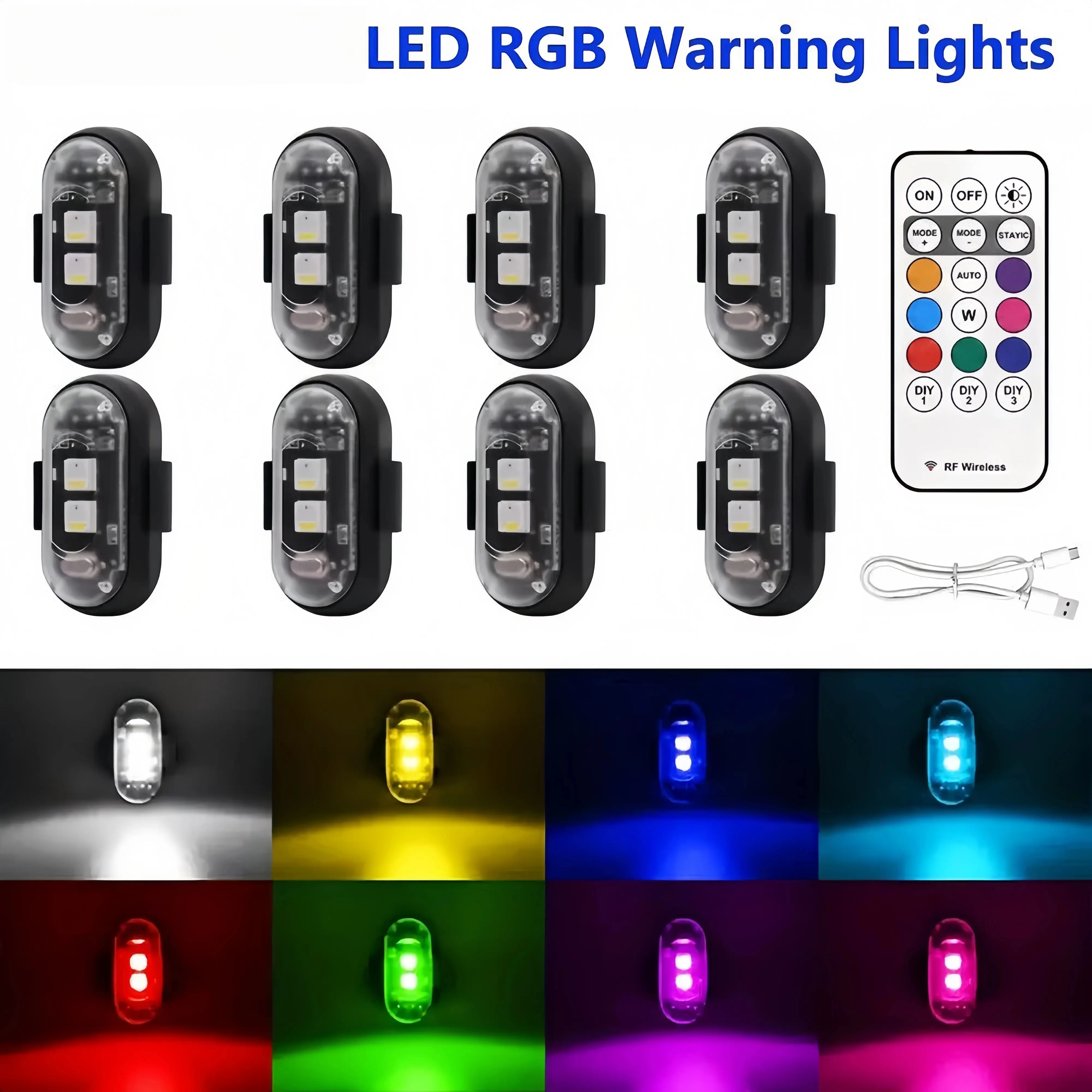 4/8 wireless LED strobe lights with remote control, 8 colors and 10 modes, waterproof and shockproof LED emergency warning lights, wireless rock lights, suitable for cars, drones, airplanes, motorcycles, and bicycles.