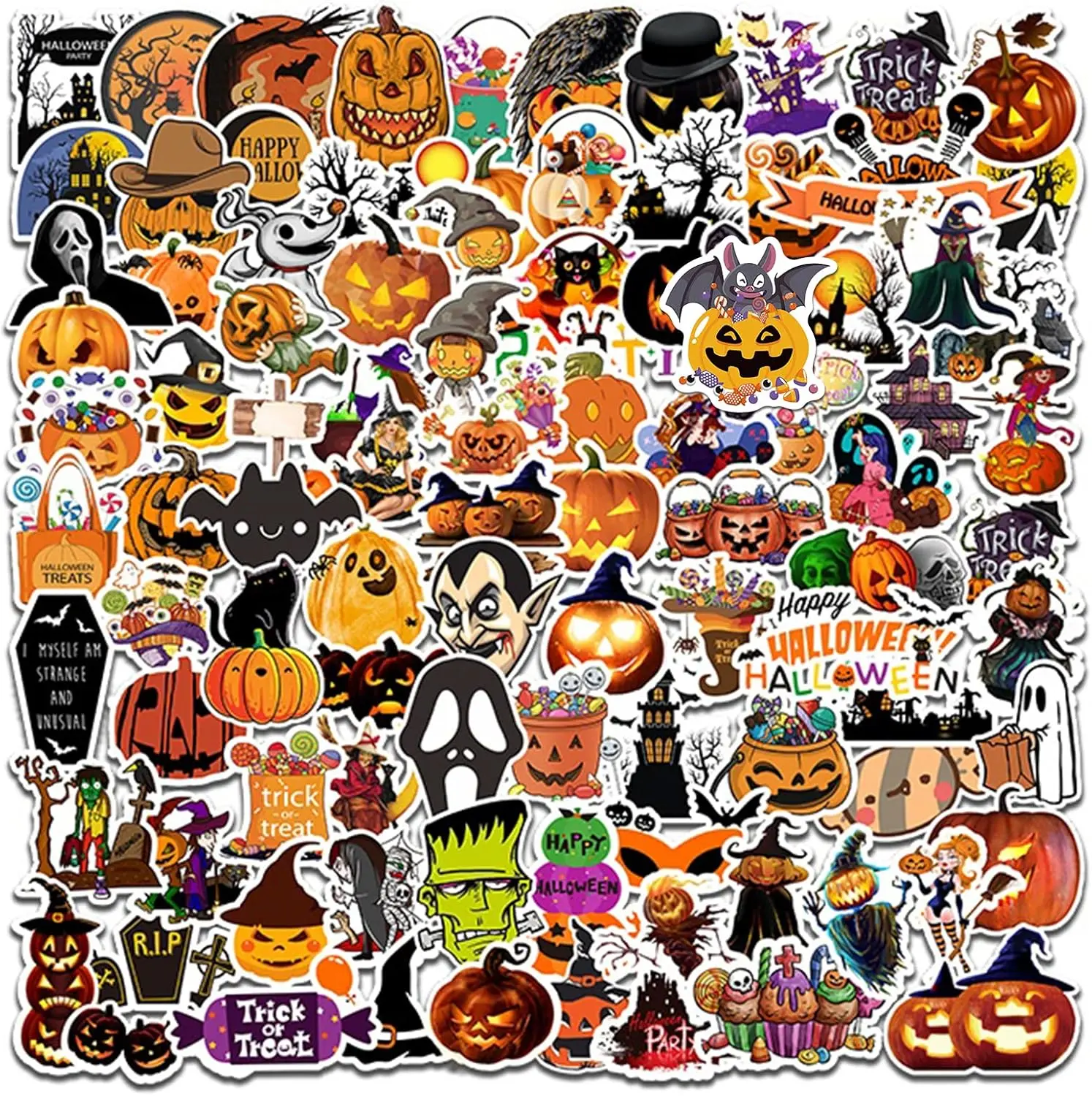 100PCS Non-Repeating Halloween Pumpkin Theme Stickers, Vinyl Waterproof Holiday Party Stickers, Kids and Youth Adult Party Favors Gifts Halloween Decorations Party Supplies