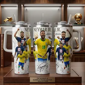 NJR10 Global Icon Cup 40oz with Handle, Yellow Green Legend Tumbler, No.10 Soccer Fan Travel Mug, Printed Autograph Gifts, Large Insulated Water Bottle, 40 oz Stainless Steel Cup with Straw, Athlete Souvenir