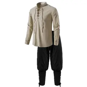 2Pcs Men's Medieval Knight Costume Set Renaissance Cosplay Pirate Shirts Ankle Banded Pants For Halloween Cotton Linen Fabric Menswear Clothes Hoodie Casual Gamis Beige Plain White Brown
