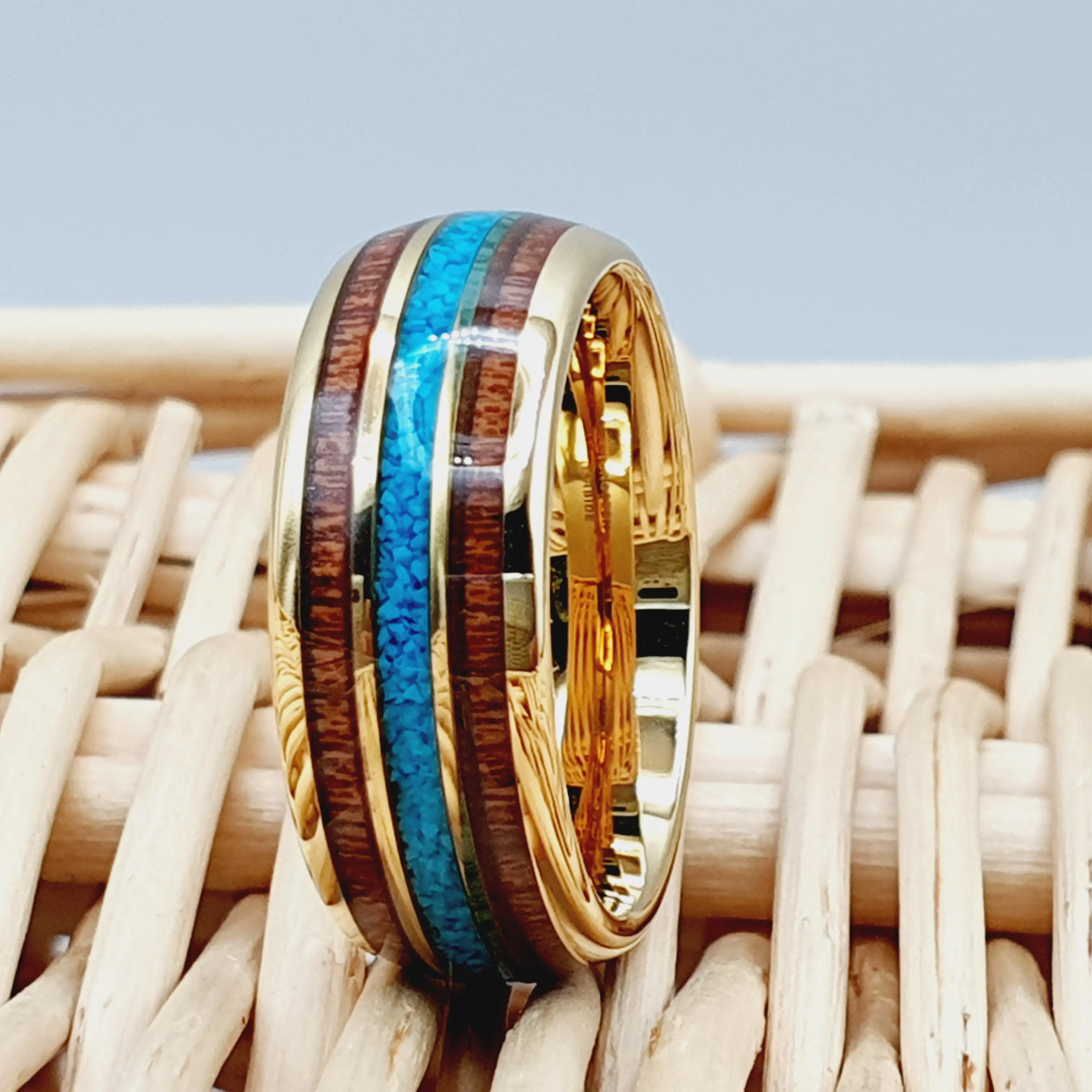 Unique Turquoise Tungsten Wedding Band with Koa Wood Ring for Men