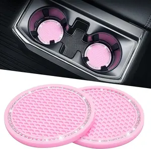 Cup Holder Coasters for Car, Universal Anti-Slip Car Coasters with Crystal Rhinestone, 2.75 inch/6.98 cm PVC Cup Holder Insert Coaster, Pink Car Accessories (Pink with Diamond)