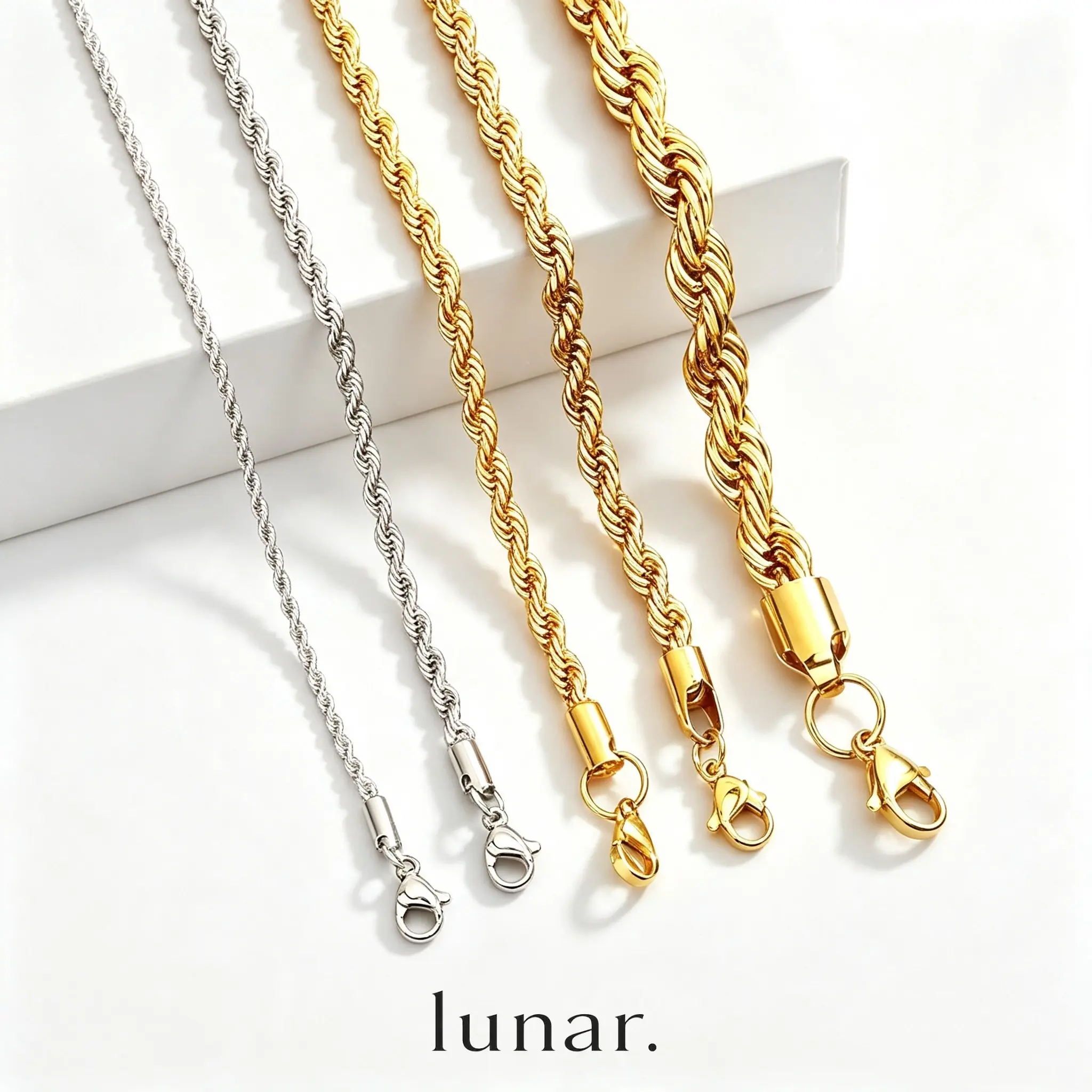 Lunar Stainless Steel Rope Chain Necklace, Gold Tone & Silver Tone Twist Chain, 3mm/4mm/5mm Width, 20/22/24 Inch Mens Hip Hop Cable Chain Jewelry