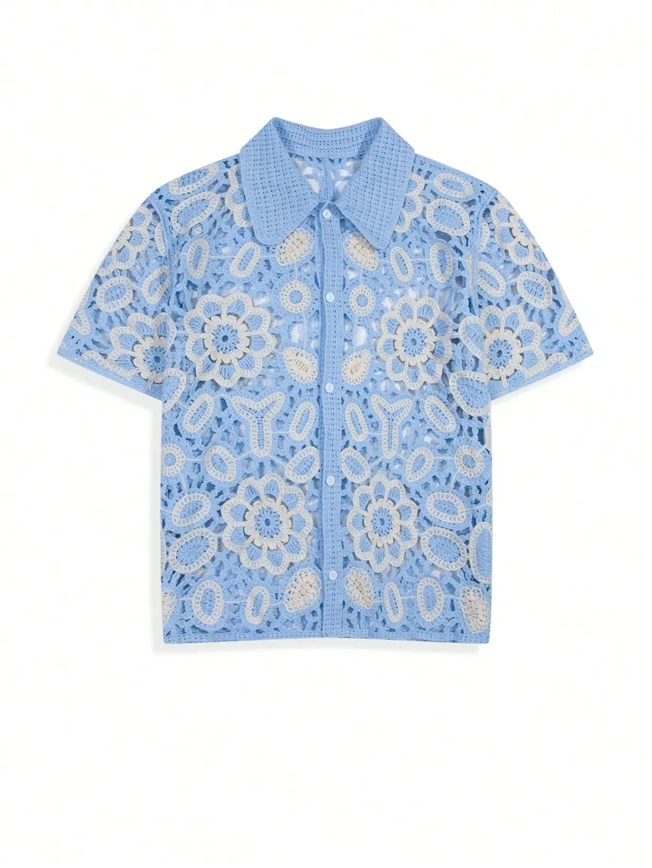 ANDREILEE Men's Short-Sleeve Breathable Knit Cardigan Top - Polo Collar, Single-Breasted Open-Front, Geometric Crochet Floral Pattern, Skin-Friendly Hollow, Sheer Crochet Craft, Blue and White Casual Shirt, 3D Cutout, Button Closure, Menswear, Tops, Blue