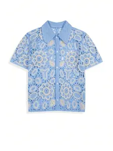 ANDREILEE Men’s Acrylic Open-Front Knit Shirt — Polo Collar, Single-Breasted Front, Crochet Floral Pattern, Casual Business Top for Men, Summer Vibe