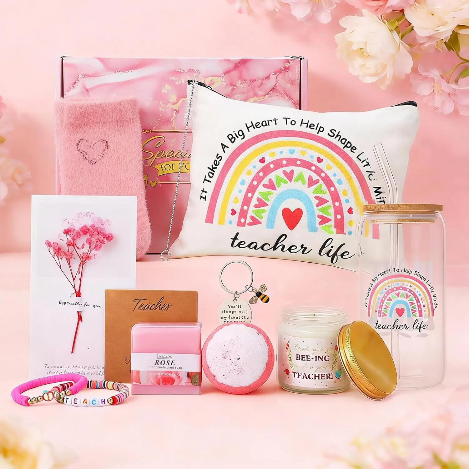 10 PCS Teacher Appreciation Gifts Set – Thank You Teacher Gift Basket with Tumbler Tote Bag Candle Bath Bomb Socks for Women Birthday Christmas End of Year