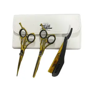 Professional Unisex Hair Cutting Scissor Shears Set Thinning Shears With Straight Edge Razor Gold and Black
