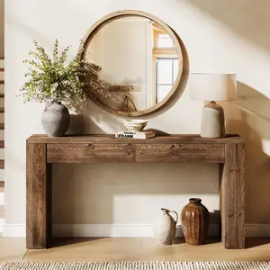 TRIBEWOOD Sofa Table with 2 Drawers, 63 Inches Extra Long Console Table, Solid Wood Sofa Table Behind Couch, Large Entryway Hallway Foyer Tables for Living Room, Entrance, Rustic Brown