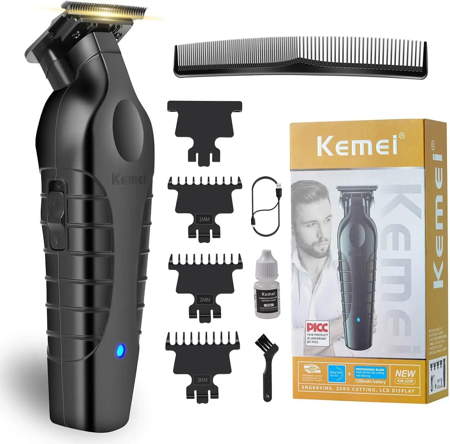 KEMEI 2299 Cordless 0-Gapped Hair Trimmer & Barber Cutting Kit for Men - USB Charge Precision Cutter Trimmers, Ideal Gift for Beard & Hair Grooming, Precision Cutter Hair Trimmers & Clippers