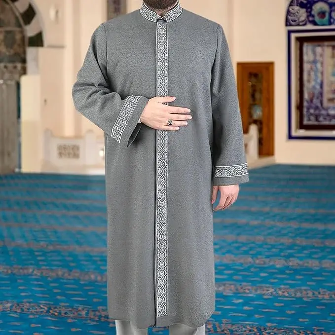 Men's Lux Embroidered Thobe, Thick Woven Fabric Winter Jubbah, Long-Sleeve Islamic Prayer Robe for Weddings and Occasions