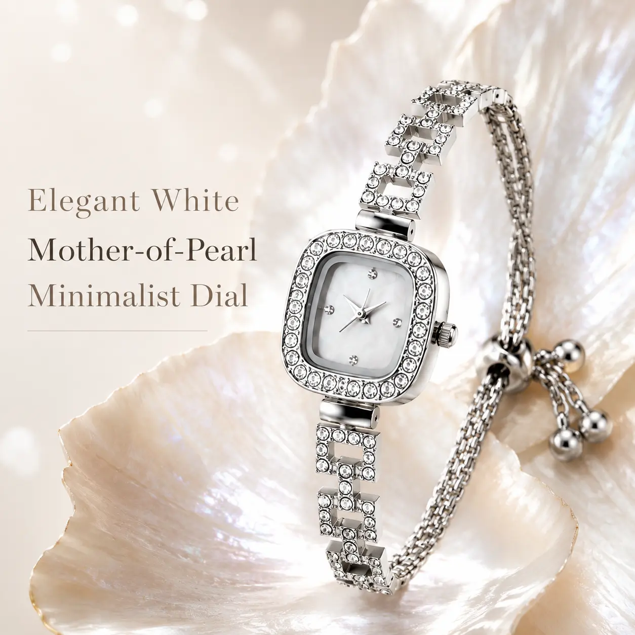 Women's Bracelet Watch | Minimalist Square Shape with Mother-of-Pearl Dial, Pavé Rhinestone Bezel and Adjustable Strap, Party/Daily, Accessories For Women, Bracelets For Women