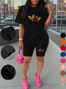 Women's Summer Short Sleeve Shorts Set, Heart Print Sporty Style, Fit, Casual Comfortable Two-Piece, Above the Knee