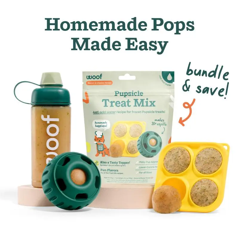 WOOF Pupsicle Treat Starter Pack of Pupsicle Interactive Toy, Treat Mix, Dog Treat Mold Tray & Shaker Bottle, Durable & Safe