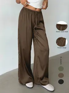 Women's Satin Casual Long Pants Trouser, Womenswear, Bottom, Elastic Waist with Side Pockets, Wide Leg, Fashionable and Versatile, Perfect for Daily Wear, Travel, Vacation