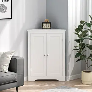 Floor Corner Cabinet with 2 Doors and Adjustable Shelves, Freestanding Narrow Cabinet Organizer, Corner Storage Cabinets for Bathroom, Kitchen, Living Room, or Bedroom, White