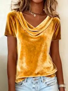 Women's Fashionable Solid Color Short Sleeve Sexy Cowl Velvet Top, New Arrival 2026 Stylish Women's Clothing Womenswear, Versatile & Trendy Design