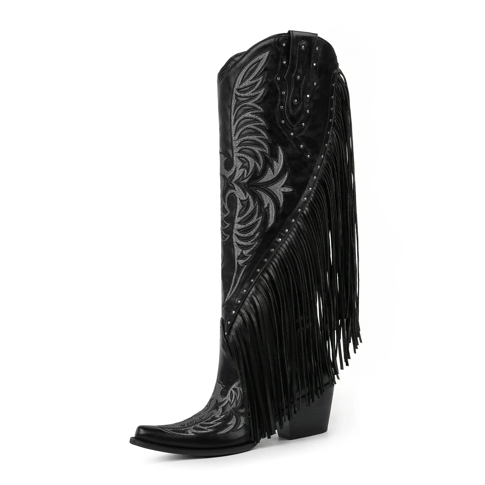[QIY]Cowboy Boots for Women Fringe Cowgirl Boots Embroidered Studded Pointed Toe Chunky Heel Western Knee High Boots Pull On Tall Boot