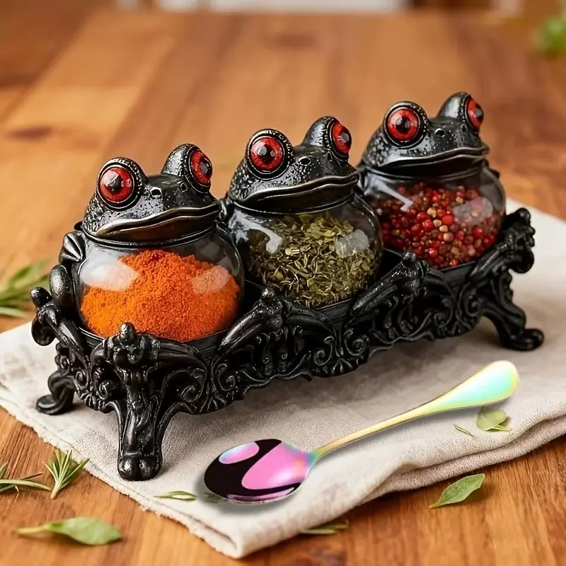 Gothic Witch Frog Spice Seasoning Jars Set of 3, Carved Base with Spoon, Vintage Handmade Apothecary Jars, Perfect for Dark Theme Kitchen, Halloween Decor, Spice Containers