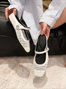 Women's Fashionable Hollow Out Design Square Toe Flat Shoes, Casual Comfortable Slip on Loafers for Daily Wear, Lightweight Breathable Shoes for Women & Girls, Footwear