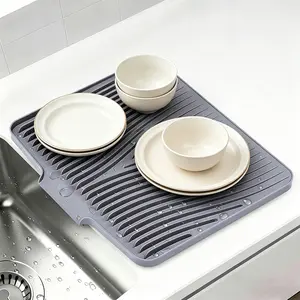 【Flash Sale】Heat-Resistant Modern Rectangle Silicone Dish Drying Mat with Drain Ports, Stone-Style Kitchen Mat for Counters, Tableware and Coasters