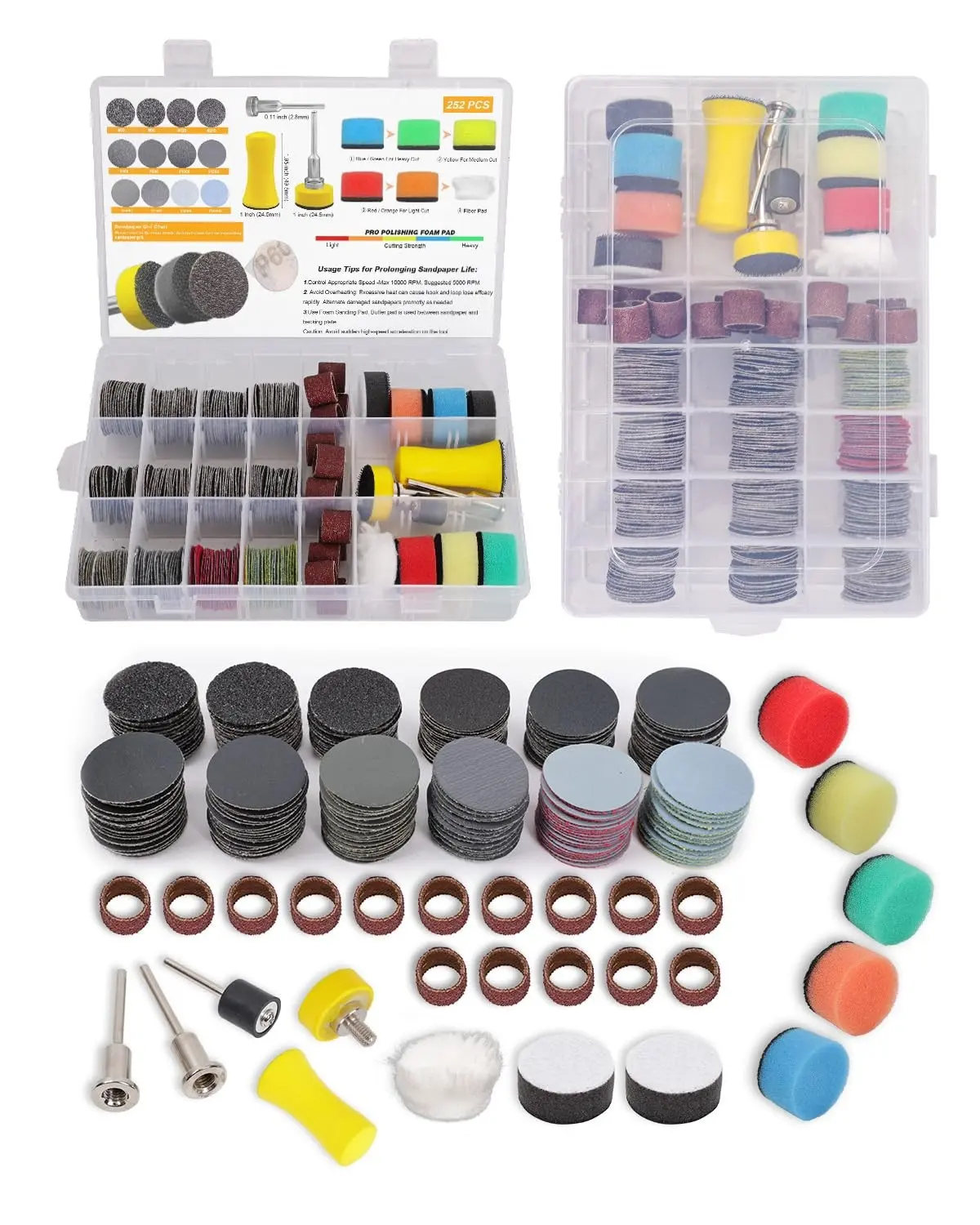 268PCS Wet Dry Sanding Disc and Drum Set, 1 Inch Multi Grit Sandpaper Set with 1/8 Inch Shaft 60-10000 Grit for Metal Resin Wood Mirror Glass