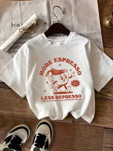 Women'S Funny "More Espresso Less Depresso" Graphic T-Shirt - Oversized Crew Neck Short Sleeve Top with Coffee Bean Design, Medium Stretch Casual Summ