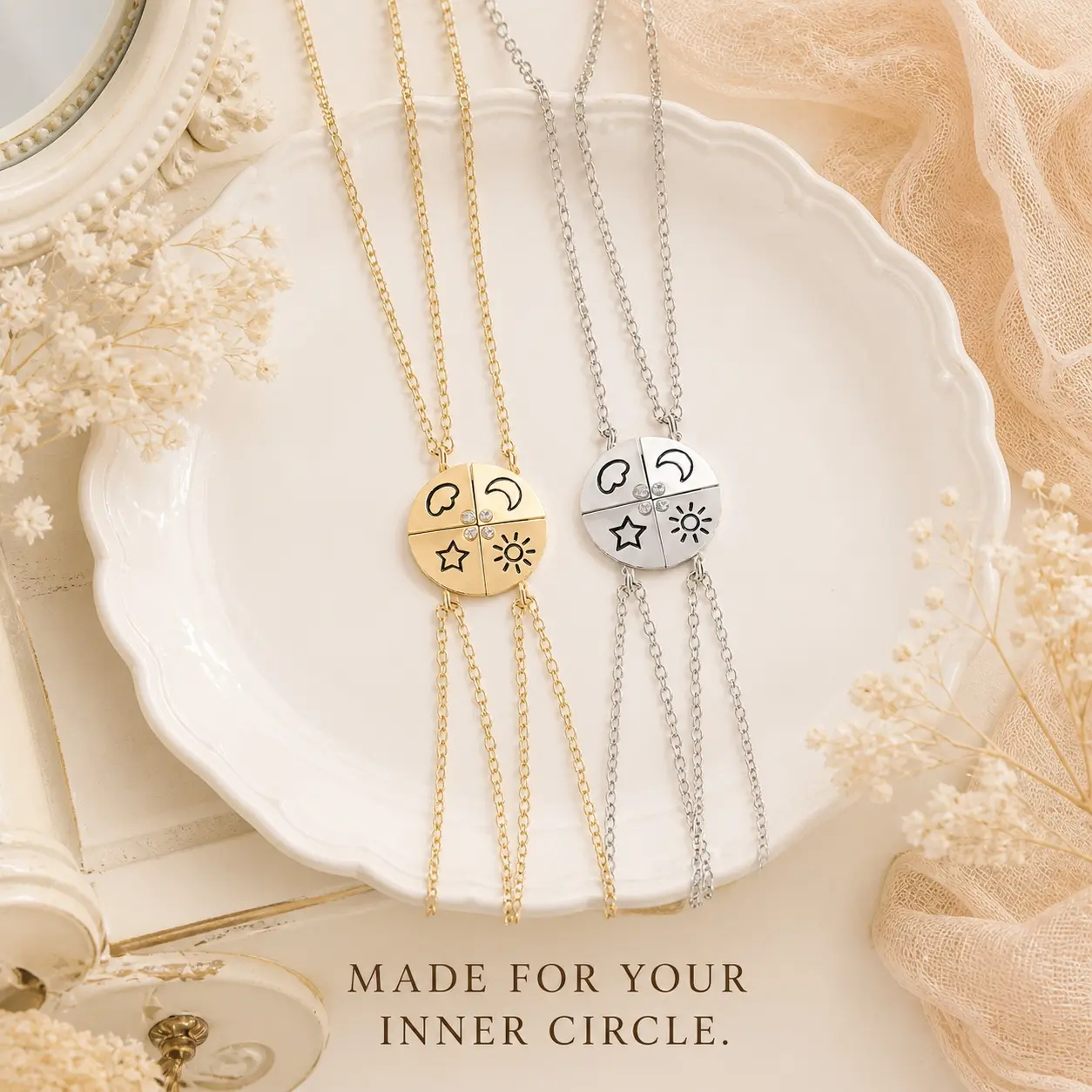 4-Piece Magnetic Friendship Necklace for Teen Girls, Sun Moon Star Puzzle Pendant Set, Casual Alloy Chain Jewelry, Womens Gifts for BFFs, Girly Feminine Items, Birthday, School, Magnetic Necklaces, Chain Jewelry Necklaces