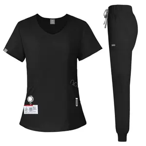 Round Neck Women Scrub Set - Black Medical Uniform with Pockets & Drawstring Waist pant