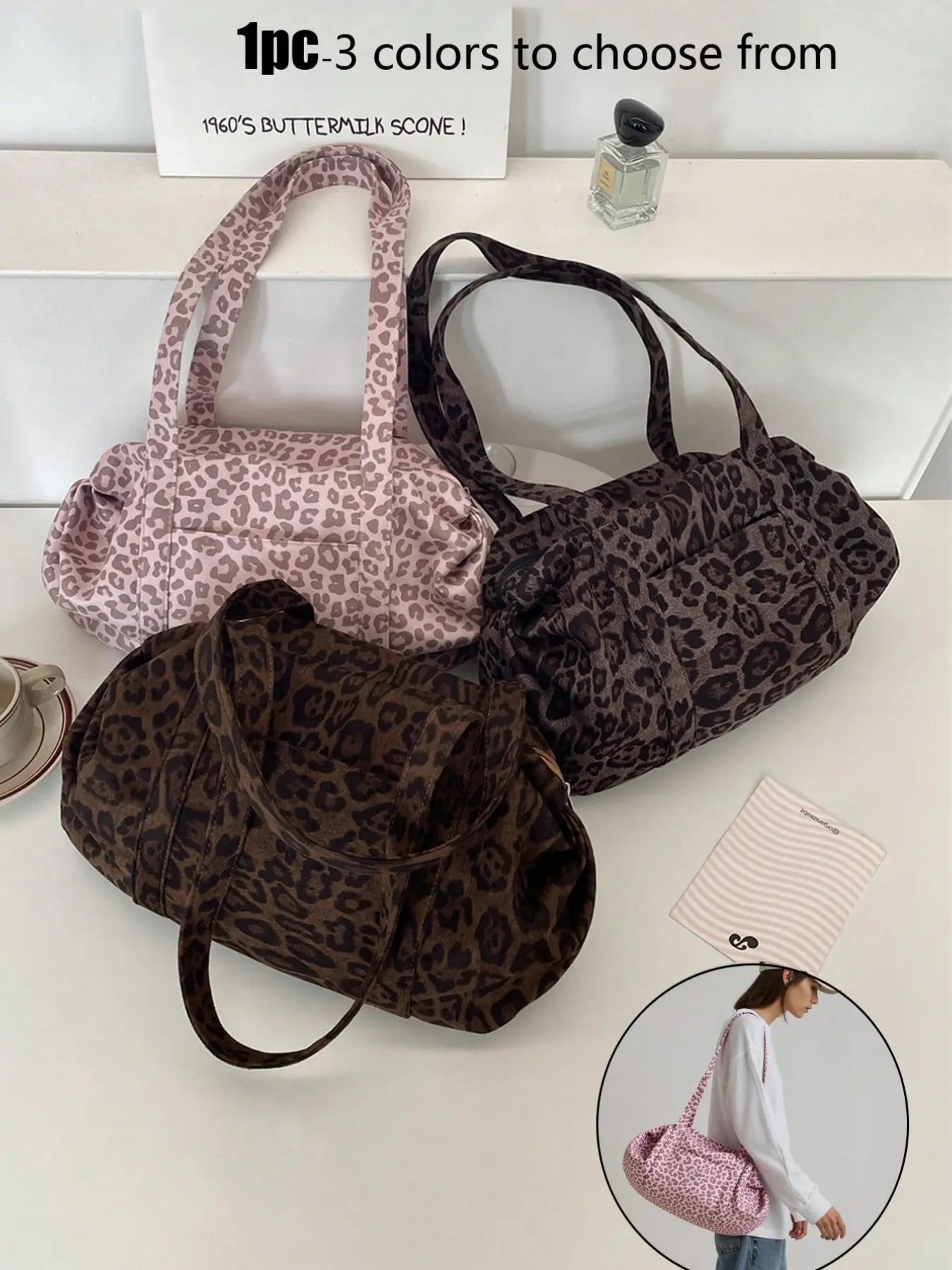 Leopard print shoulder bag, leopard print heart-shaped pendant, reusable portable zipper handbag, durable and stylish purse, Cross Body Bags, shopping bag, rectangular bag, travel essential bag, Fashionable Patterned Bag, suitable for travel and vacation