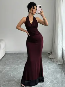 ARTYOTI Elegant Bodycon Fishtail Hem V-Neck Waist Pleated Knit Mesh With Rose Red Lining Long Dress For Women, Autumn/Winter Fall Cloth For Women