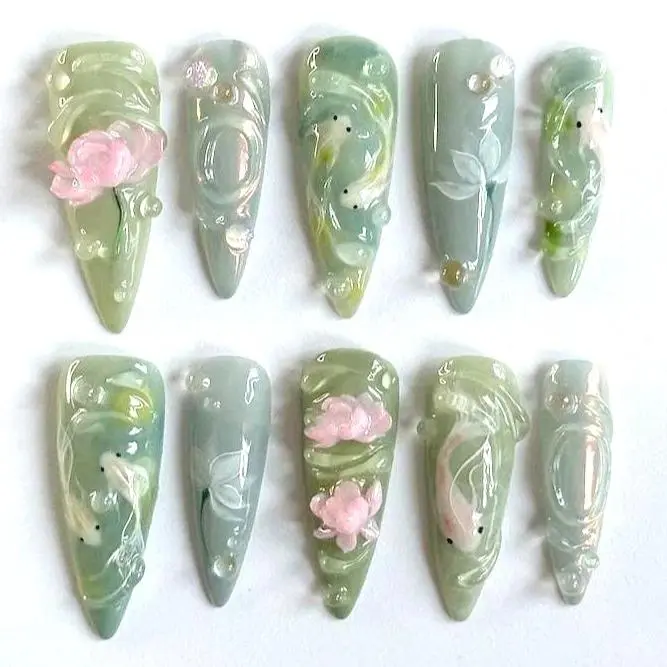 Fish & Lotus Press-On Nails, 3D Floral Accents with Pink Lotus, Jade Green Marble Effect, Elegant Handmade Nail Art, Custom Design, Tranquil Zen Vibes, Gift for Her