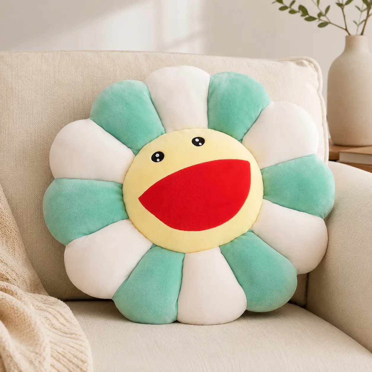MIUVA Sunflower Design Microfiber Plush Pillow, 16.5in Double-Sided Cushion with Smiley Face Rainbow Decor, Soft Comfortable Home Decor for Living Room, Pillows, Decoration