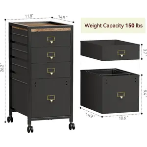 4 Drawer Rolling File Cabinet 1 Set MDF+Iron+Fabric Under Desk Vertical Cabinet Retro Color and Black Fabric Drawers with 4 Wheels Metal Frame Fits A4/Letter Size Storage Organizer for Home Office Apartments
