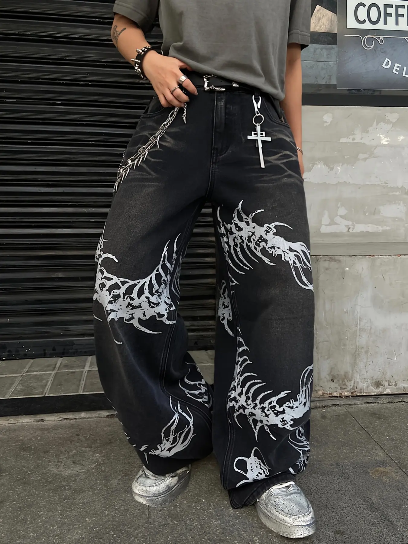 Men's Hip-Hop Print Loose Jeans, Streetwear Y2K Style, Casual Daily Wear, Multiple Sizes Available, No Belt Included