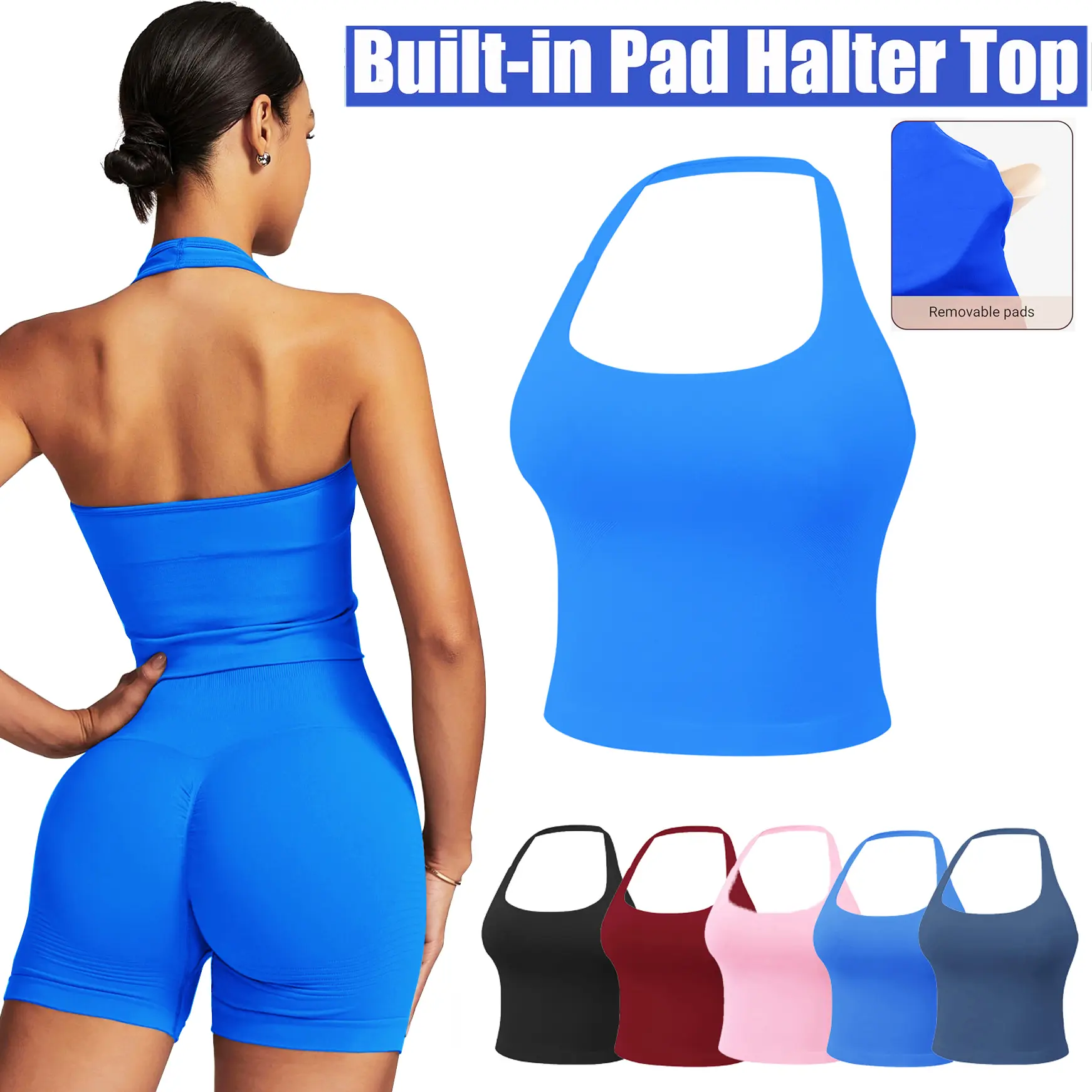 Jetjoy Women's Halter Longline Sports Bra with Removable Pad Ribbed Seamless Square Neck Workout Crop Tank Top for Yoga & Fitness Halter Tank Top Longline Backless Scoop Neck Built-in Bra Sports Gym Crop Top