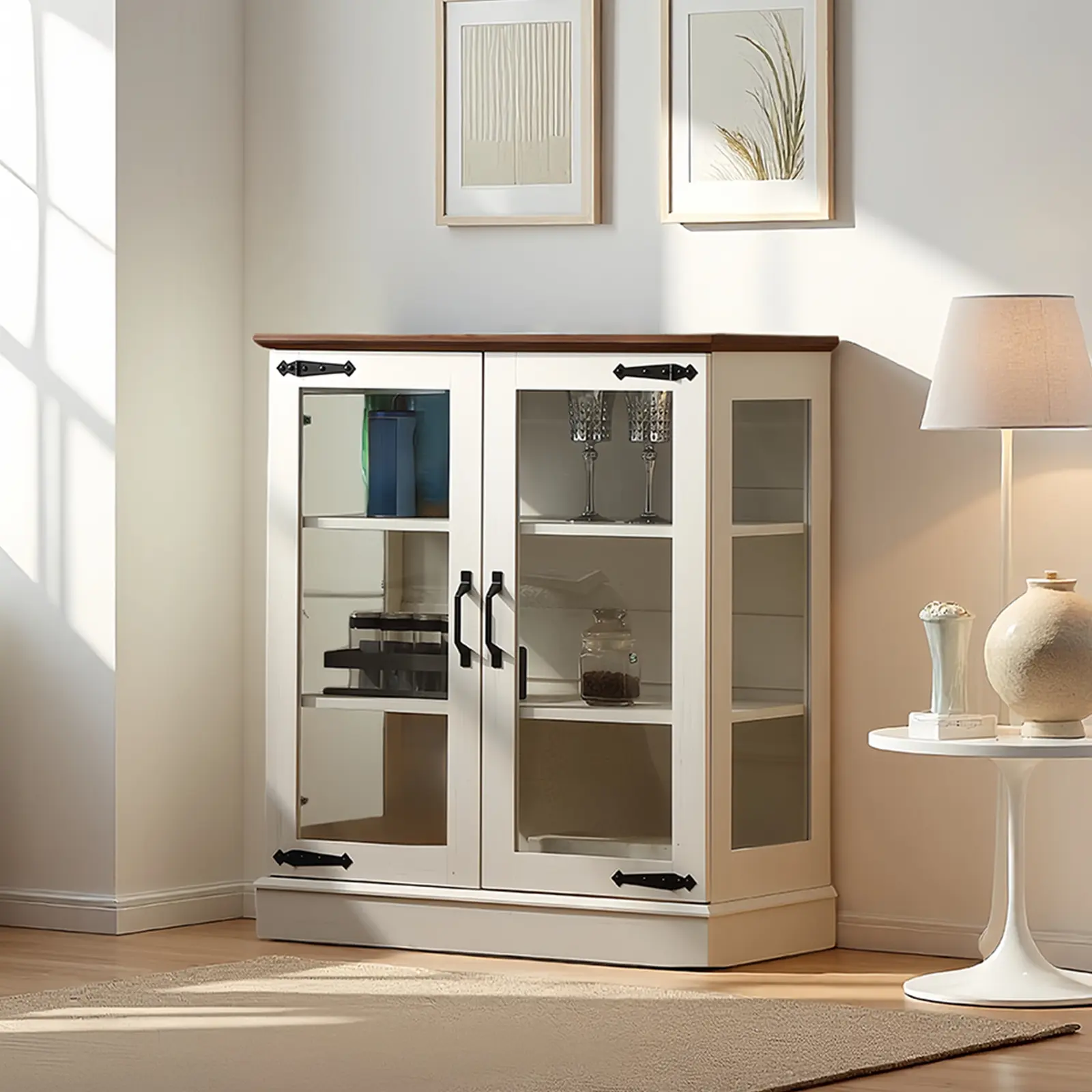 31.5'' Modern Small Buffet Sideboard - Glass Doors, 2 Shelves, Cabinet and Storage, Decorative Home Bar Unit, Kitchen Organizing Cupboard, Modern Storage for Display