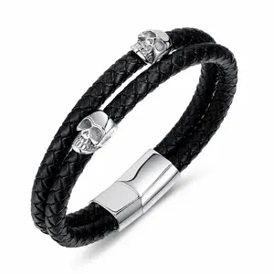 Braided Skull Bracelet for Men, Black Faux Leather Wristband with Stainless Steel Details, Everyday Jewelry Gift for Him