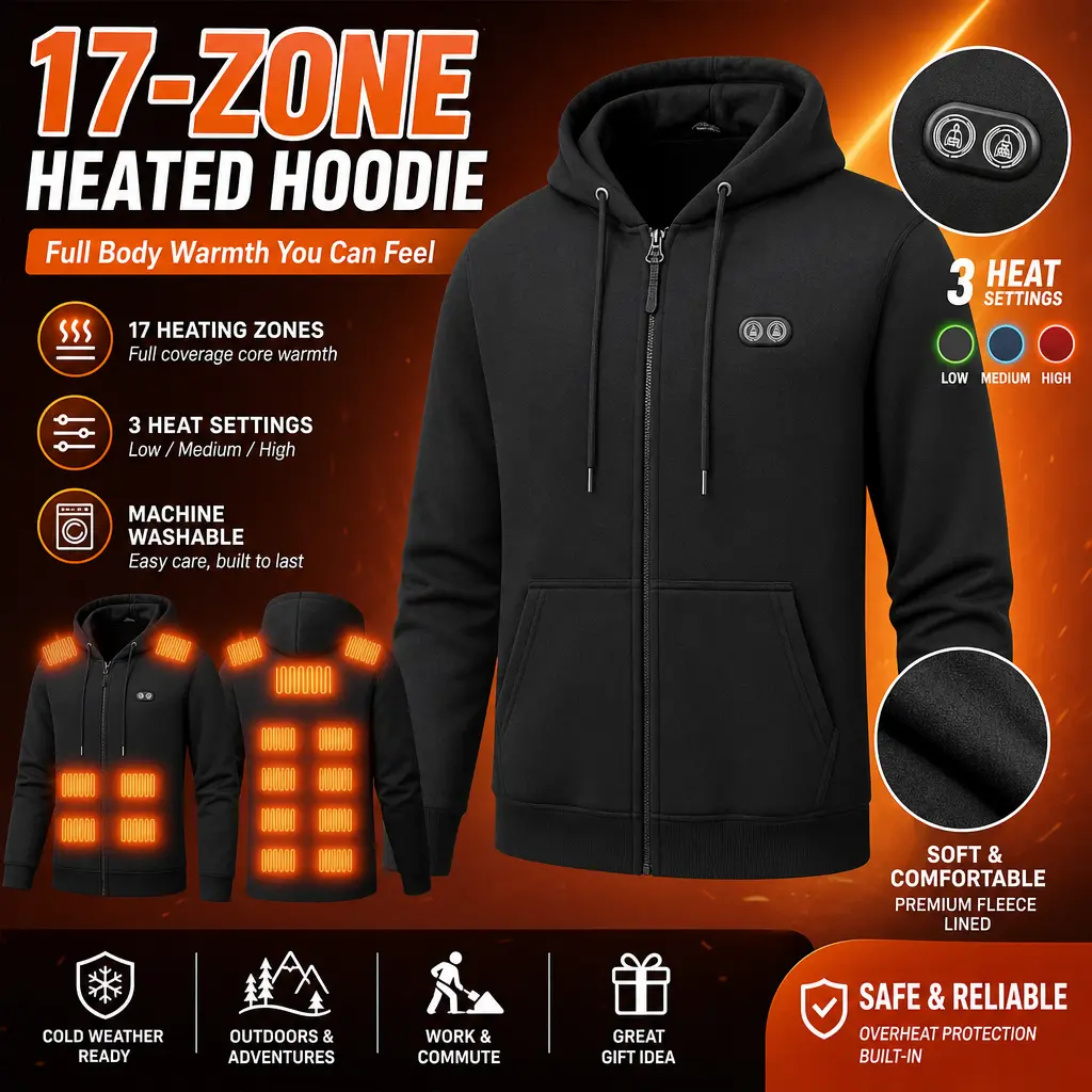 17-Zone Electric Heated Hoodie Smart Dual Control Thermal Heating Jacket Lightweight Fleece Warm Coat for Cold Weather Camping Commuting