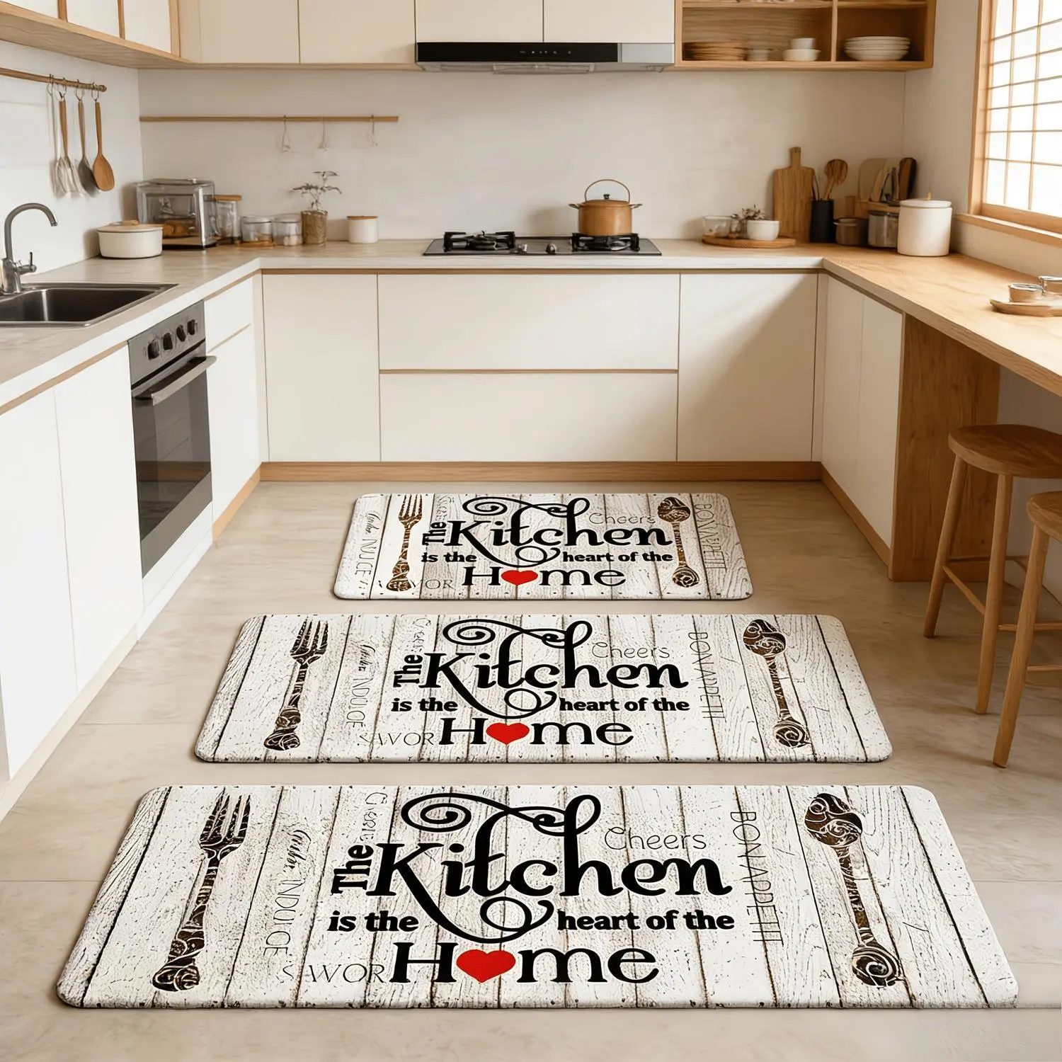 1pc Farmhouse Style Floor Mat, Heart Pattern With Kitchen Letter Print, Soft Decor Rug, Suitable for Kitchen, Bedroom, Living Room, Bathroom, Laundry Room, Ideal Gift for Family & Friends, Kitchen Accessories, Father's Day Gift