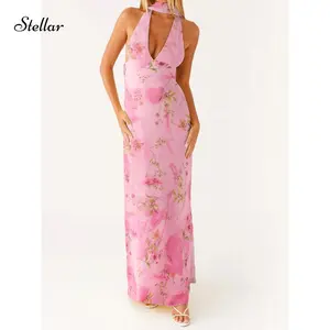 Women Summer Sexy Elegent Halter Maxi Dress Floral Print Deep V Neck Floral Backless Bodycon Long Dresses With Scarf Formal Vocation Dress