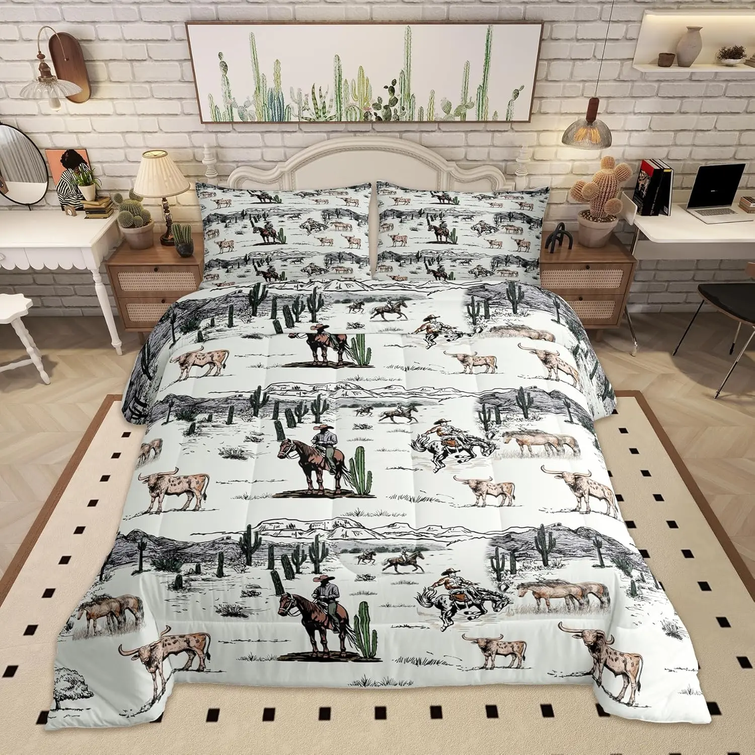 Feelyou Vintage Western Cowboy Queen Bedding Set - Breathable Machine Washable Digital Print Duvet Cover with Desert Cactus, Cow, Horse Animals, Modern Artistic Design for Kids' Bedroom Decorative Bed Cover Duvets & Sets