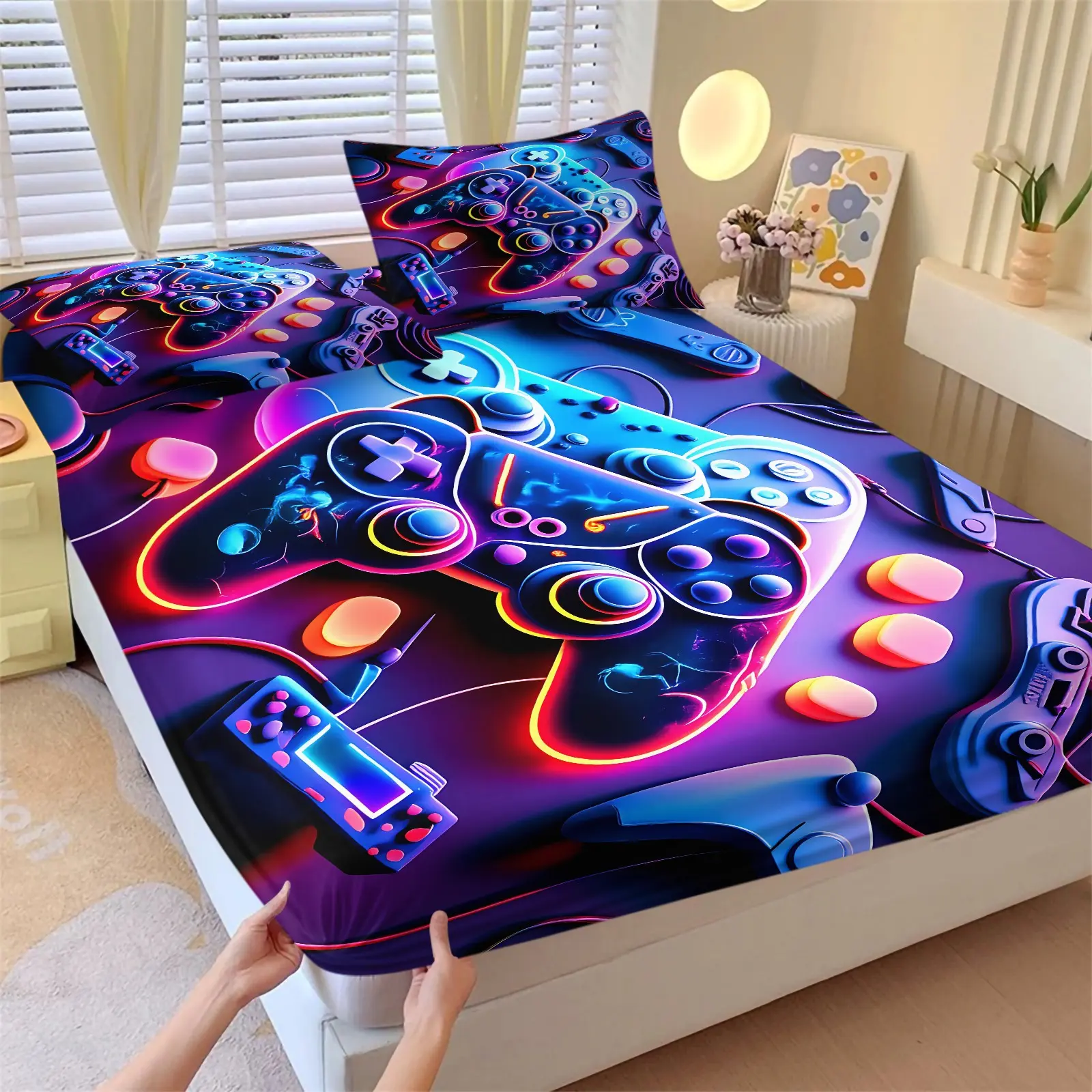3Pcs Neon Game Controller Fitted Sheet Set, Cool Bedding Set, Soft Breathable Microfiber Bedding Set, No Fillers, Vibrant Video Game Pad Print, Perfect for Bedroom, Dorm, Gaming Room Decor, All Season Cozy Gift for Home Decor
