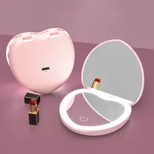 Cute Heart-Shaped Pocket Mirror, 1x/2x Magnification LED Travel Makeup Mirror, Rechargeable Lighted Mirror, Adjustable Three-Color Lights, Foldable Dual-Sided Small Mirror For Purse Pocket Valentine's Day Mother's Day gift For Girls Women