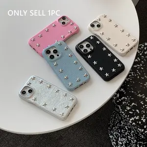 Luxury Fashion Stereoscopic Metal Rivet Five-Pointed Stars Faux-Leather Denim Texture Protective Cover Case For iPhone 17 16 15 14 13 Pro Max