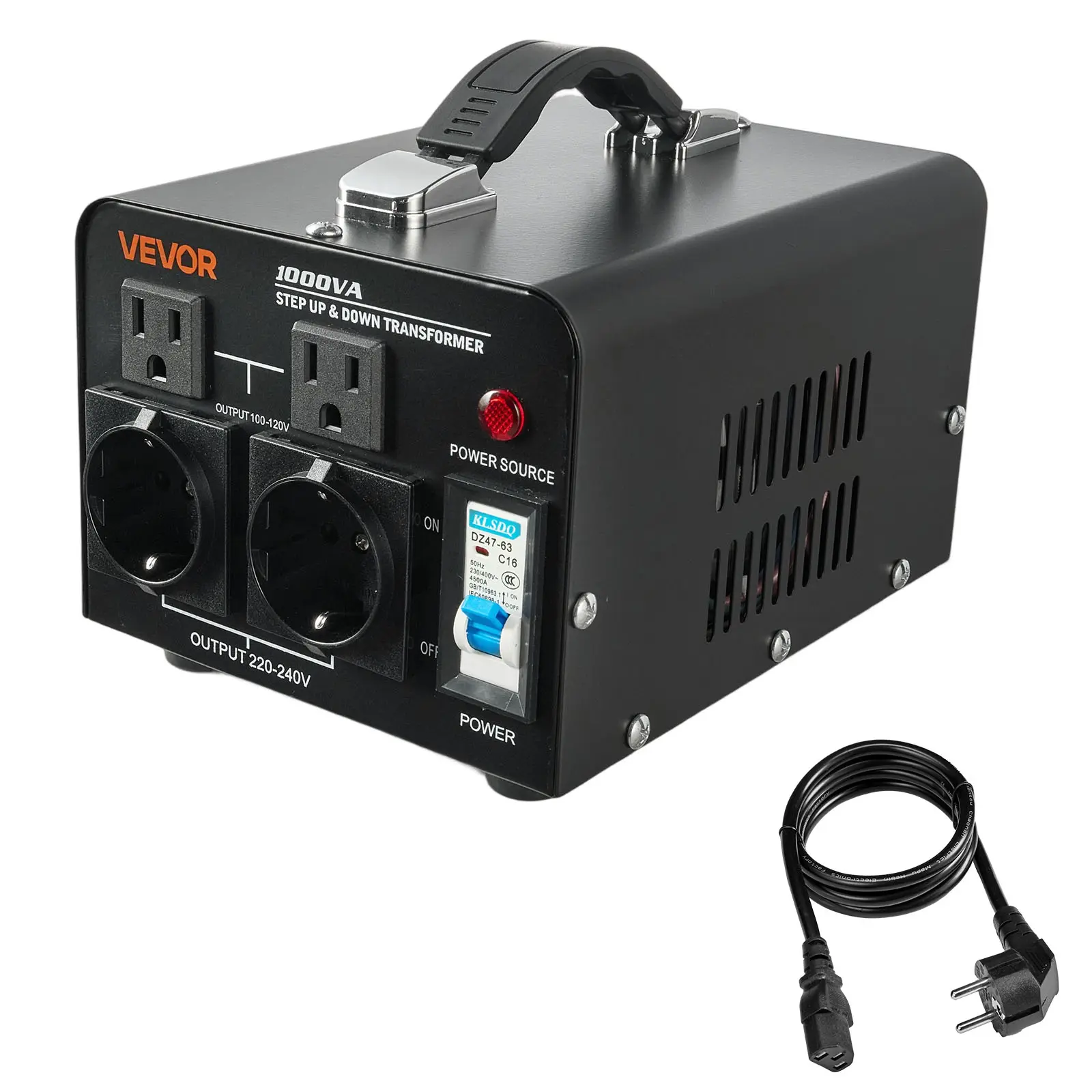 【summerfinds】VEVOR 1000VA Heavy-Duty Step-Up/Down AC Power Transformer, Toroidal Coil Compact Body, 110V-220V Voltage Converter (Not for EV Charging) with US Outlets, EU Outlets, Included Cable, Circuit Breaker Dual Protection, Home Use