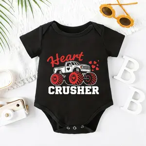 2026 Cute Newborn Baby Bodysuit with Heart Crusher Monster Truck Valentines Print, 100% Cotton Short Sleeve Romper All Seasons, Funny Casual Onesie for Baby Boys Girls, Indoor Outdoor Infant Clothes 0-2T, Perfect Baby Gift