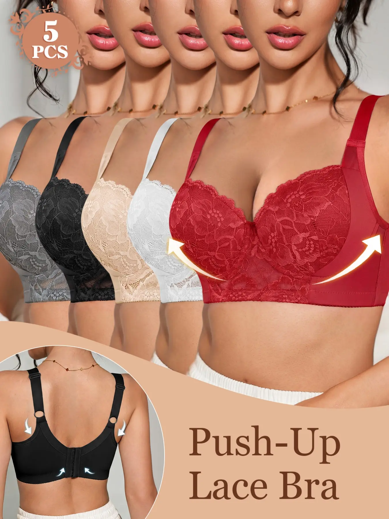 5PCS Women's Solid Color Lace Push-Up Bra, Elegant, Underwire Support & Lift,Cover Side Breasts Adjustable Wide Straps, Breathable & Skin-Friendly,Comfortable Daily Wear, Lace Bras