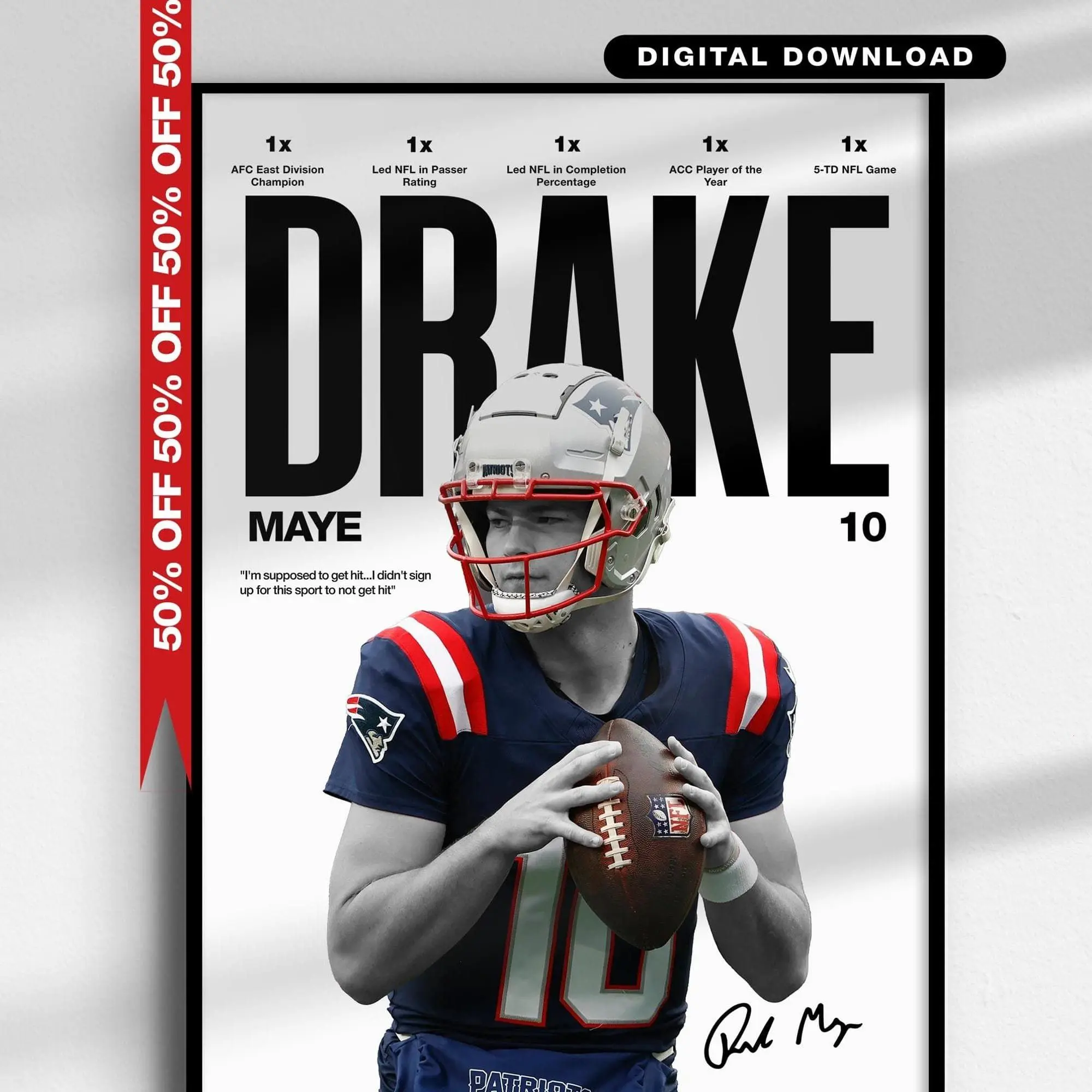 Drake Maye Poster, New England Patriots Football Wall Art, NFL Quarterback Print,Minimalist Sports Poster,Football Fan Gift,Digital Download