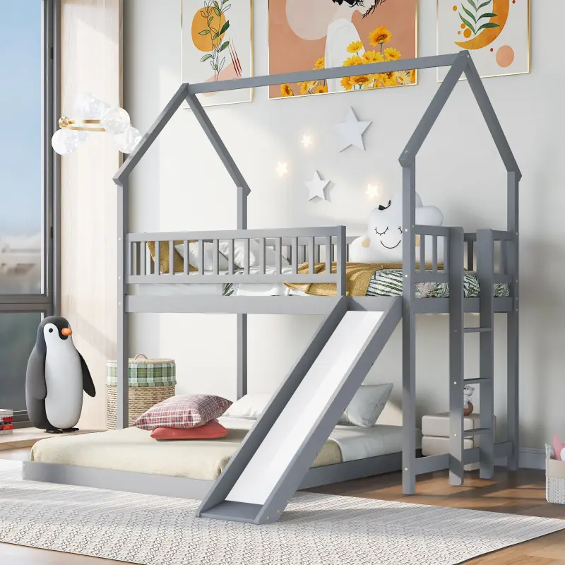 Solid Pine Twin/Full House Shape Bunk Bed with Pitched Roof, Slide, Built-in Ladder, and Full-Length Guardrail for Kids