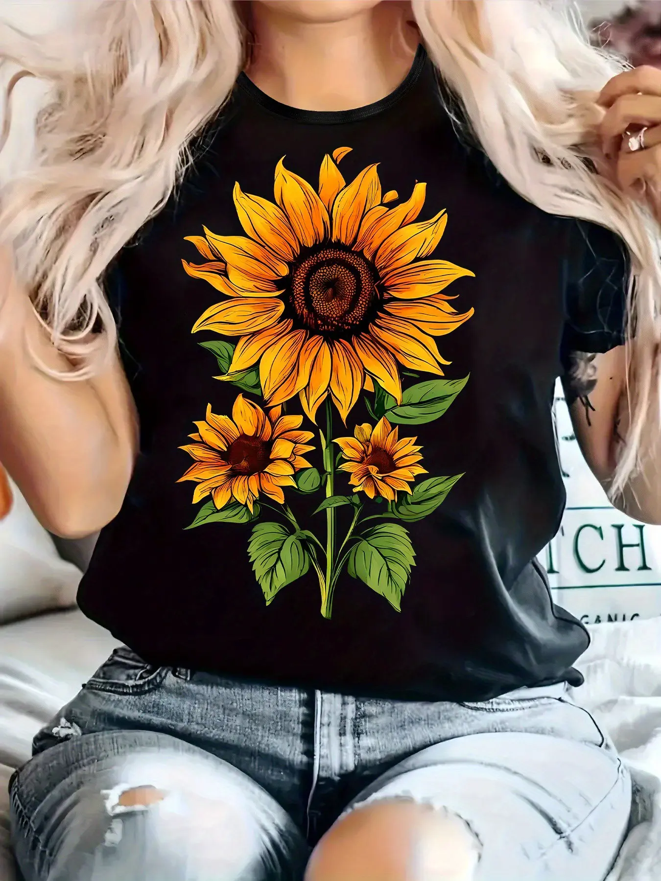 Wo Sunflower Print Casual T-Shirt - Stretch Round